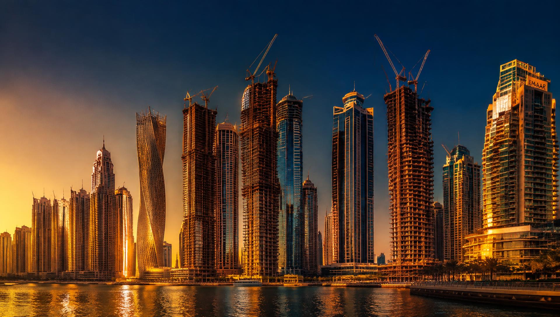 Dubai skyline with towers under construction at golden hour